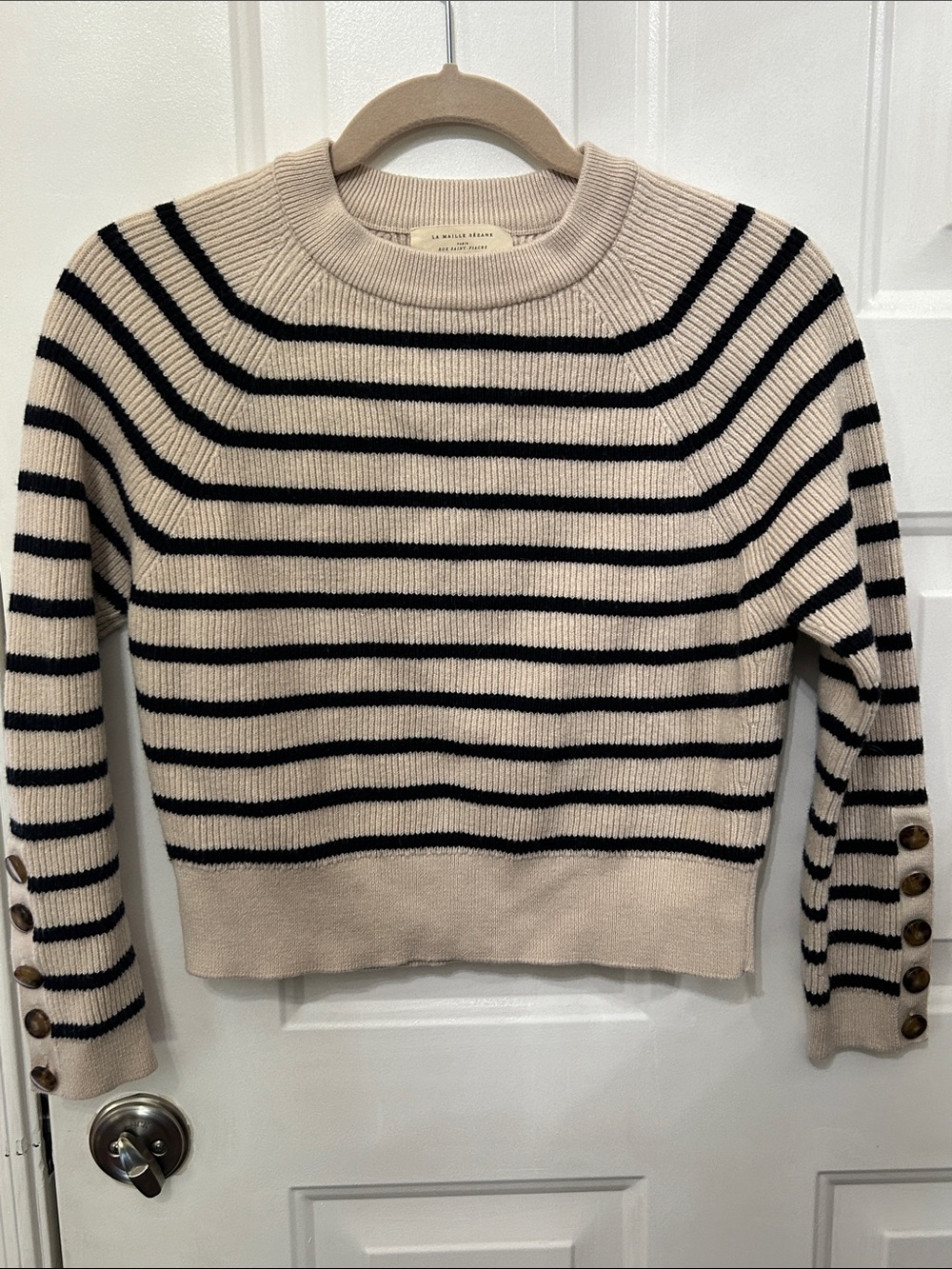 Sezane Sami Jumper Cream and Black Striped Ribbed Crewneck Sweater with Buttons